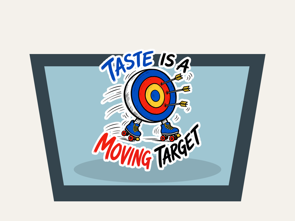 Die-cut sticker design showing a target bullseye, roller skates, and "Taste Is a Moving Target".