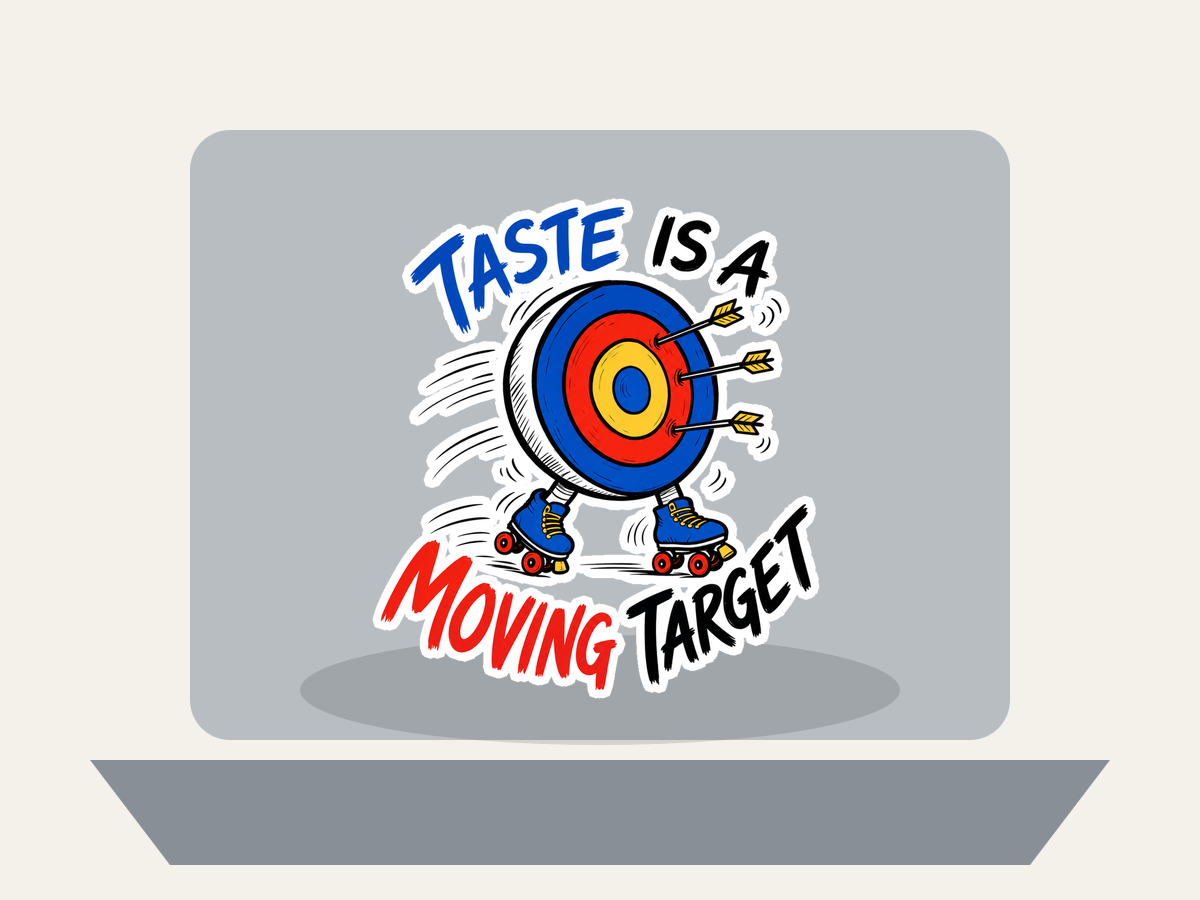 Die-cut sticker featuring target bullseye and roller skates with "Taste Is a Moving Target" lettering.