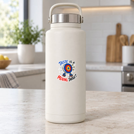Taste Is a Moving Target sticker on white water bottle