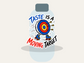 Die-cut sticker with blue/red/yellow bullseye, roller skates, and "Taste Is a Moving Target".