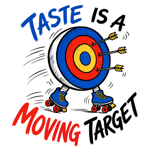 Taste Is a Moving Target sticker with colorful target and roller skates text