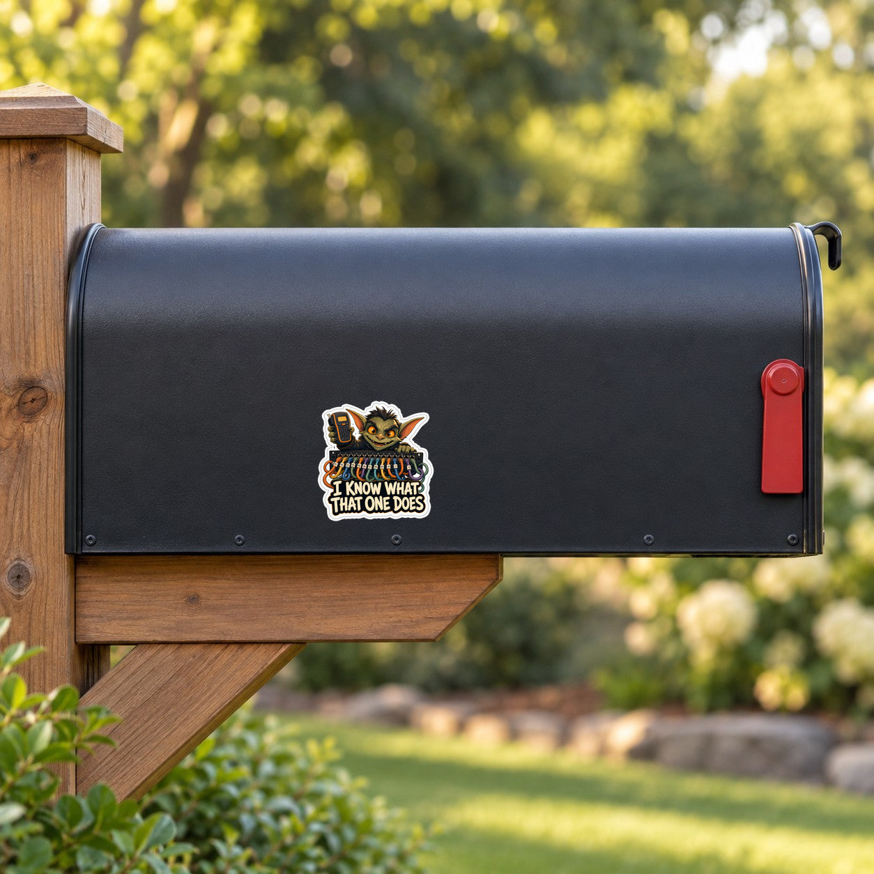 Cartoon goblin sticker on dark mailbox flap, multicolor design