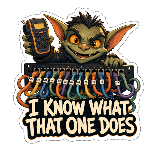 Cartoon goblin with calculator sticker, multicolor design and white lettering