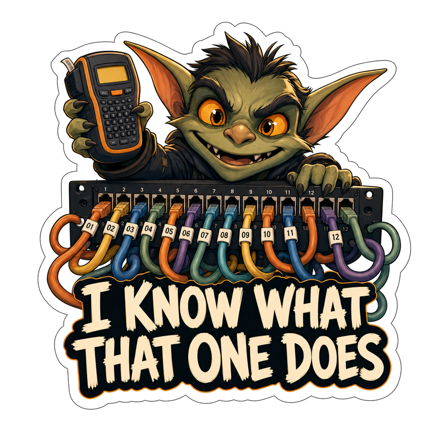 Cartoon goblin with calculator sticker, multicolor design and white lettering