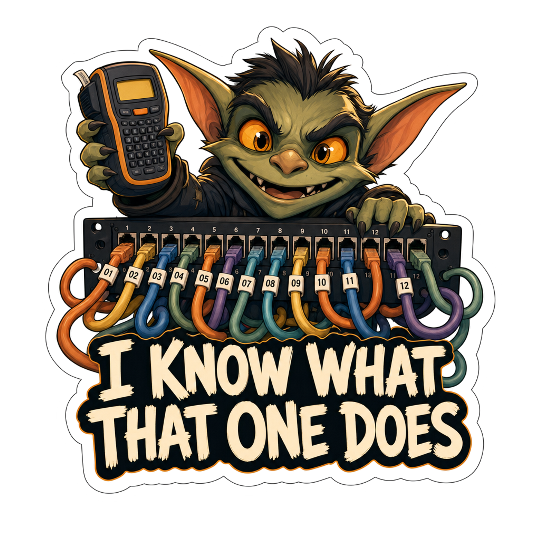 Cartoon goblin with calculator sticker, multicolor design and white lettering