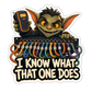 Cartoon goblin with calculator sticker, multicolor design and white lettering