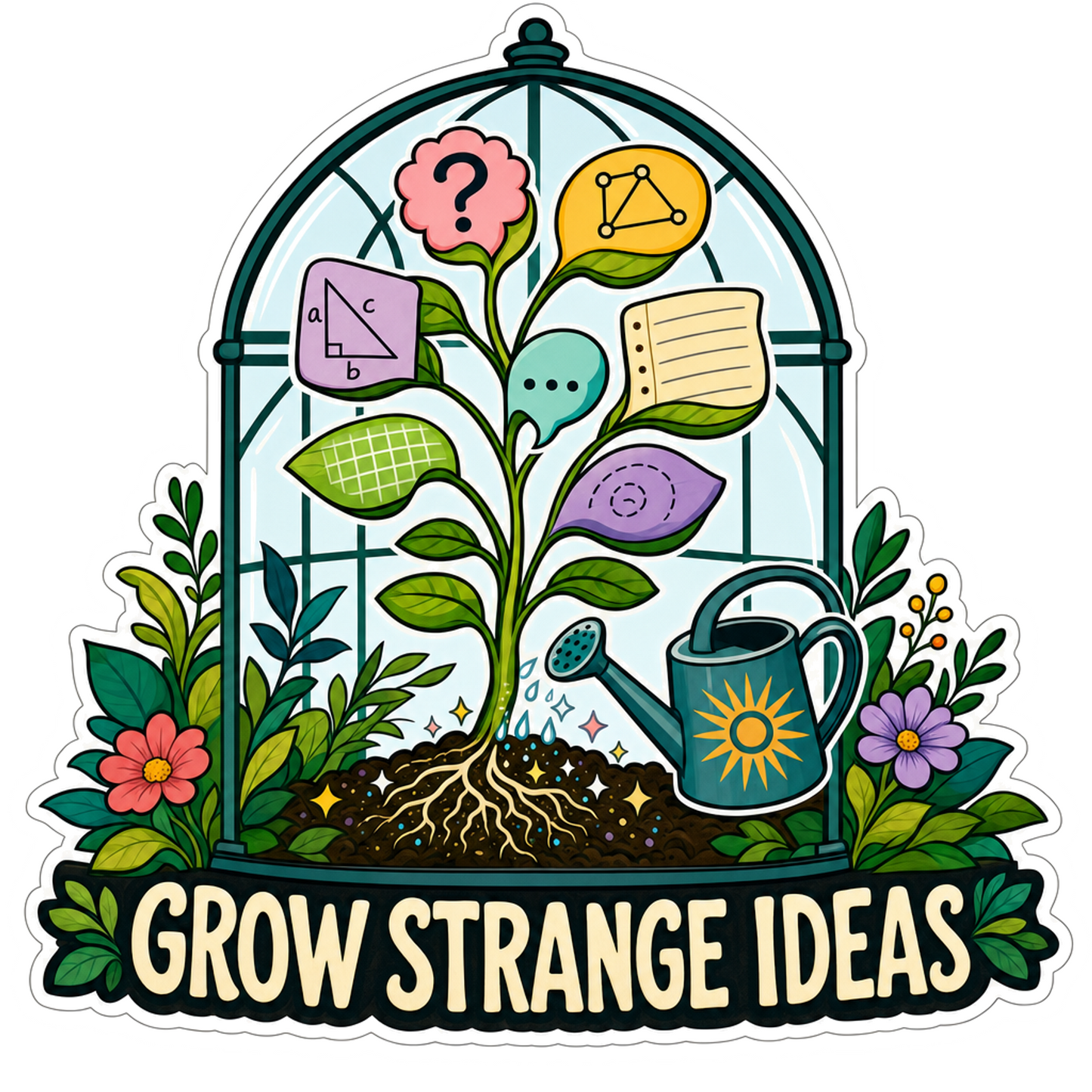 Garden-themed sticker with arch illustration and text 'GROW STRANGE IDEAS'.