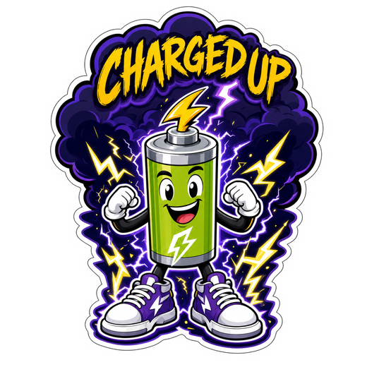 Die-cut "Charged Up" battery character sticker with lightning graphics