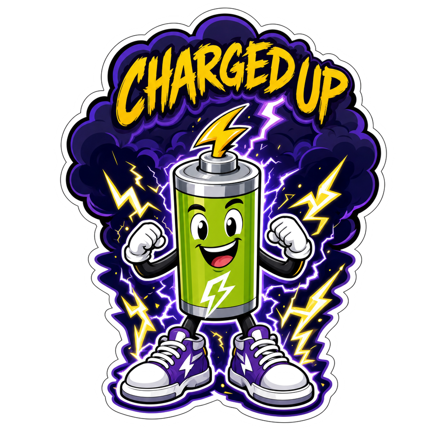 Die-cut "Charged Up" battery character sticker with lightning graphics