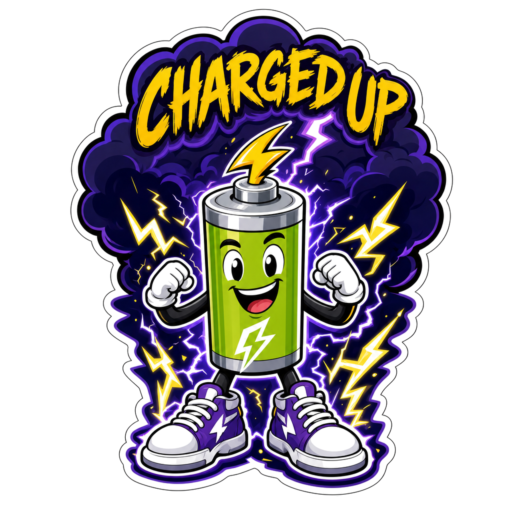 Die-cut "Charged Up" battery character sticker with lightning graphics