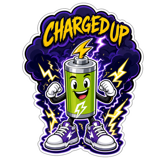 Die-cut "Charged Up" battery character sticker with lightning graphics