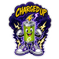 Die-cut "Charged Up" battery character sticker with lightning graphics