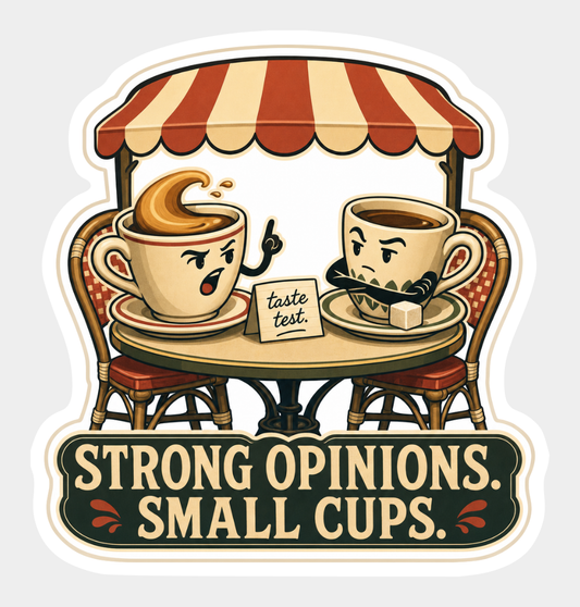 Vinyl sticker of two coffee cups debating at a café table