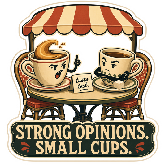 Cafe debate club sticker with two coffee cups and bold “STRONG OPINIONS” text
