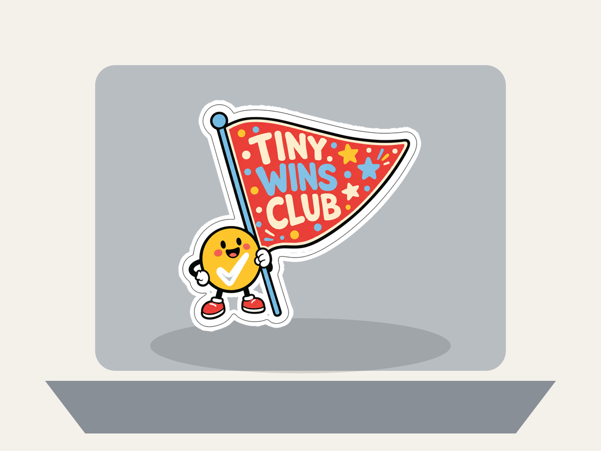 Tiny Wins Club Sticker shown on a laptop mockup