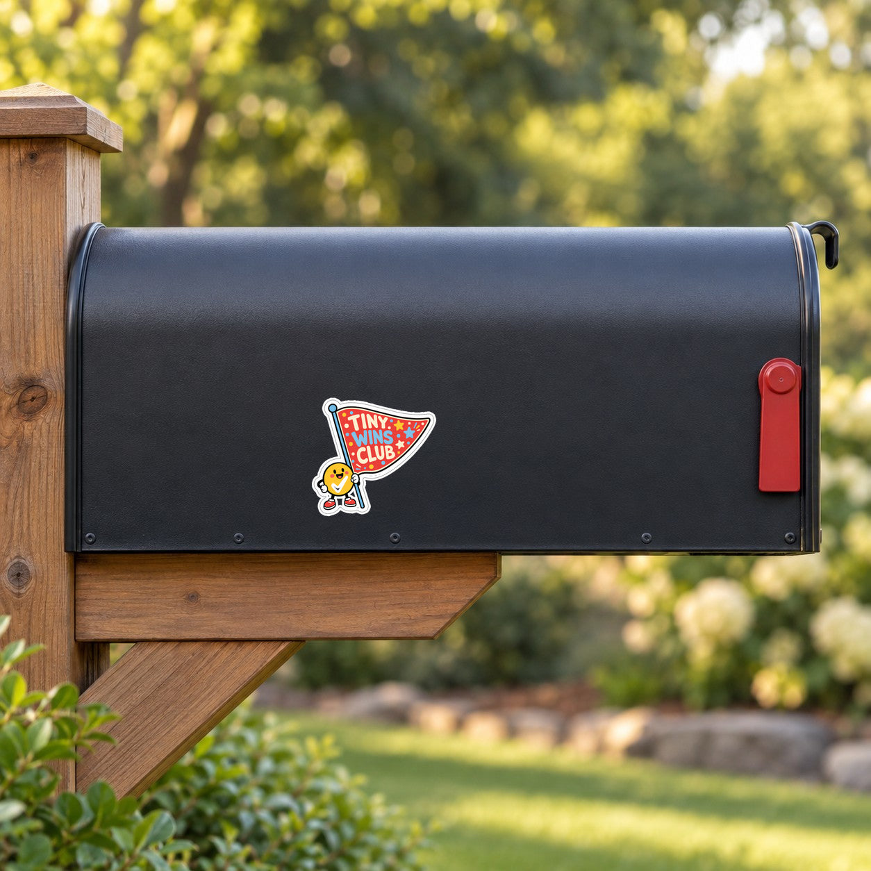 Tiny Wins Club sticker on a dark mailbox door