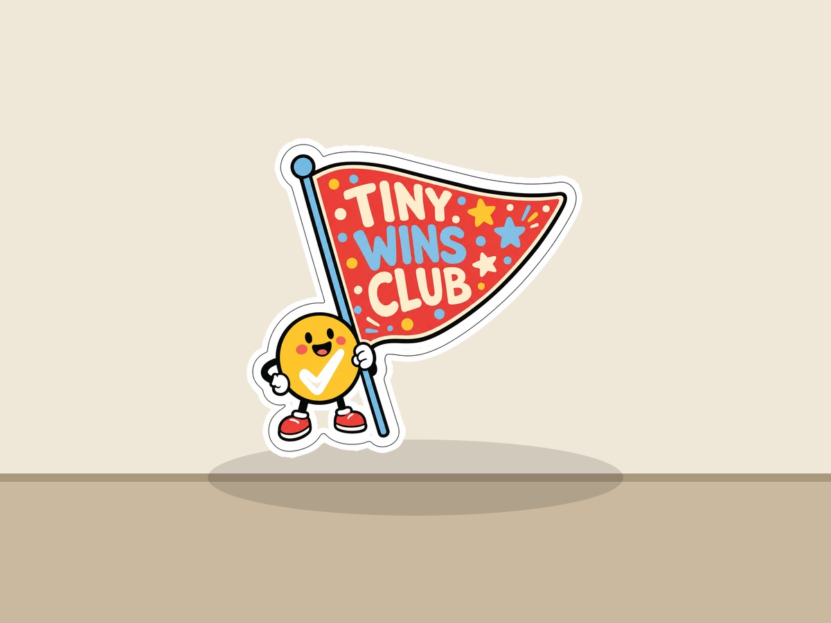 Tiny Wins Club Sticker shown on a wall mockup