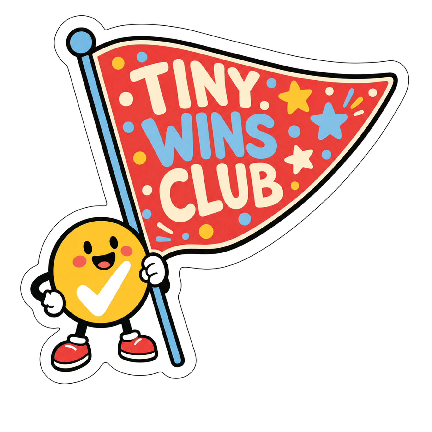 Cartoon club sticker with red, blue, and yellow confetti and character holding a paddle