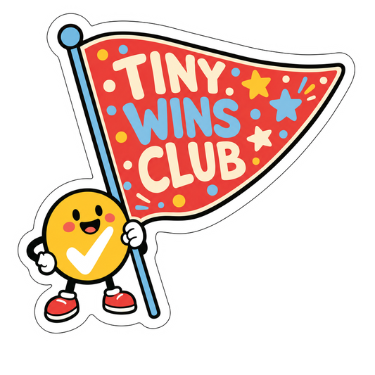 Cartoon club sticker with red, blue, and yellow confetti and character holding a paddle