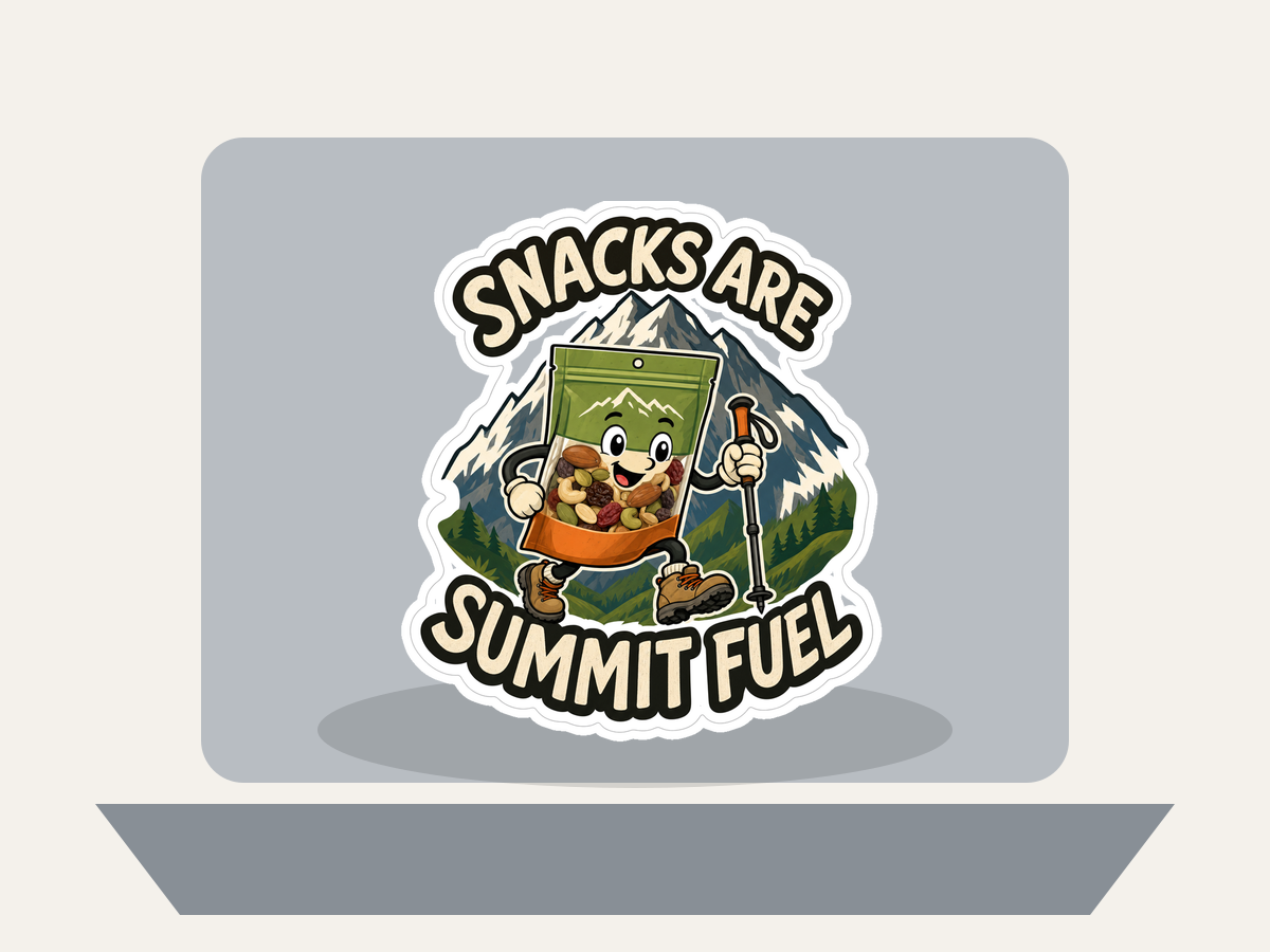 Trail Snack Society Sticker shown on a laptop mockup