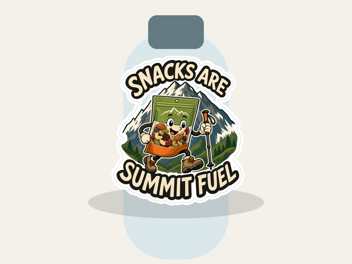 Trail Snack Society Sticker shown on a water bottle mockup