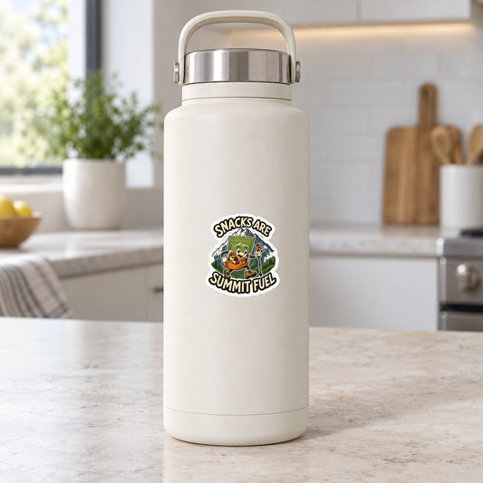 Round snack logo sticker reading "SNACKS ARE SUMMIT FUEL" on a white bottle.