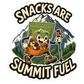 Die-cut snack sticker featuring cartoon character holding food and sign reading "SUMMIT FUEL".