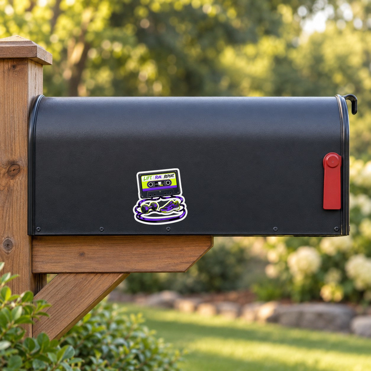 Training playlist sticker on dark mailbox cover with neon cassette workout icon