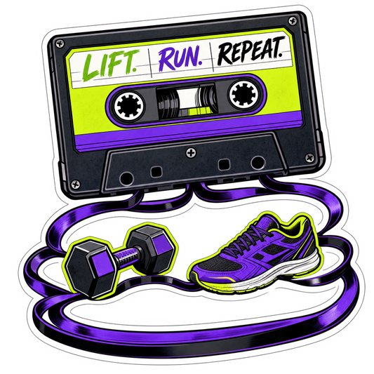 Training playlist sticker with neon cassette graphic and 'Lift. Run. Repeat.' text