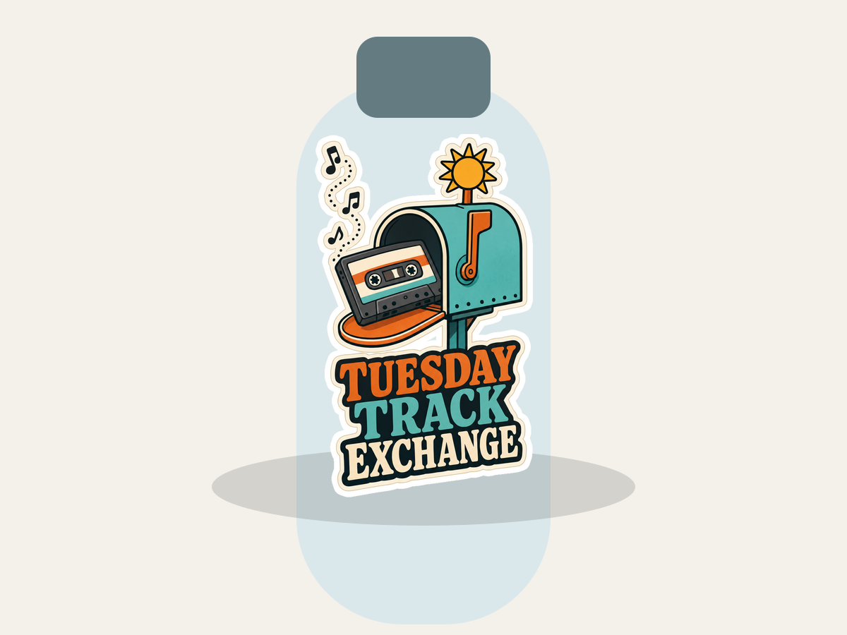 Tuesday Track Exchange Sticker shown on a water bottle mockup
