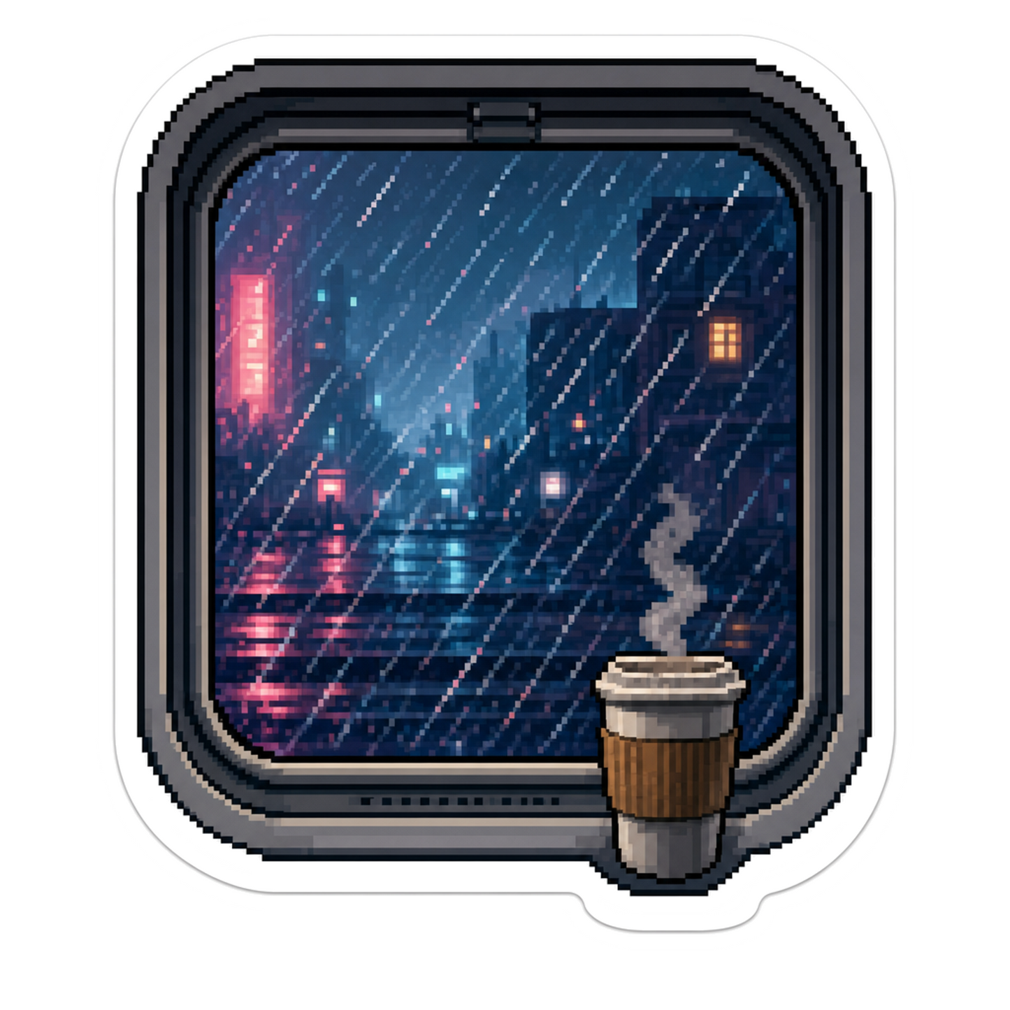 Weather window sticker showing colorful rainy skyline with streetlight and wavy lines