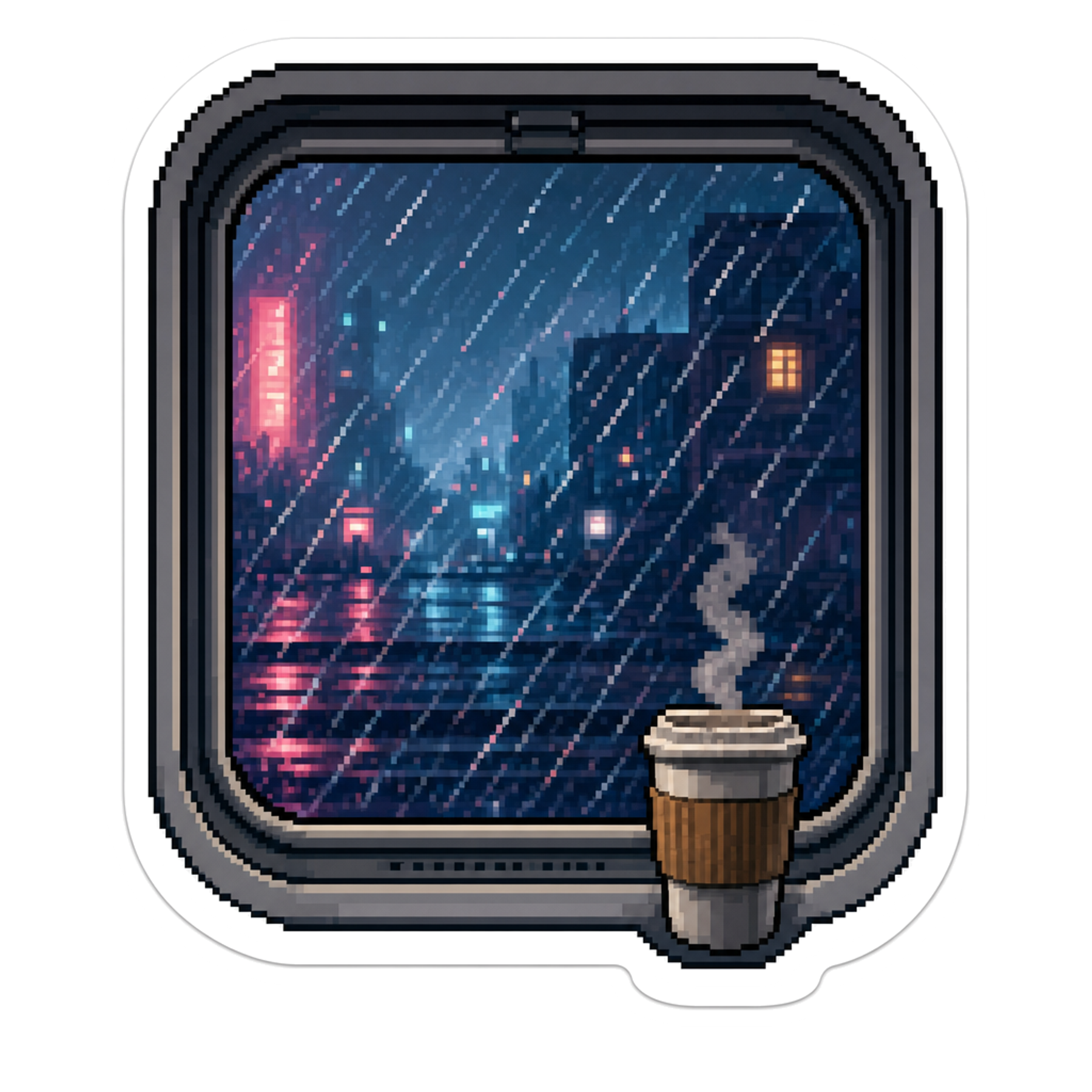 Weather window sticker showing colorful rainy skyline with streetlight and wavy lines