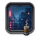 Weather window sticker showing colorful rainy skyline with streetlight and wavy lines
