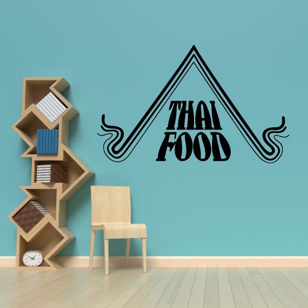 Thai food wall decal with black triangular sign reading THAI FOOD and flames
