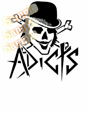 Skull and crossbones decal with black top hat, white face and bones