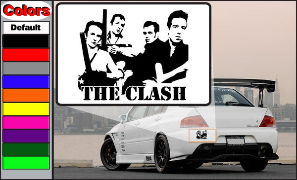 The Clash guys car decal: rectangular black-and-white band portraits with "THE CLASH" text