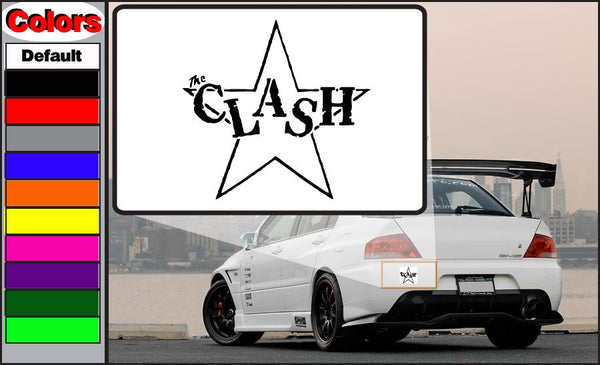The Clash star decal on a white rectangle with black star and text logo