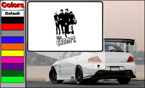 Black and white band logo decal with “The Cramps” text on a white backing