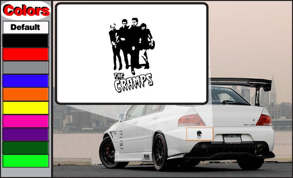 Black and white band logo decal with “The Cramps” text on a white backing