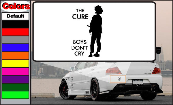 The Cure Boys Don't Cry decal with text and standing silhouette