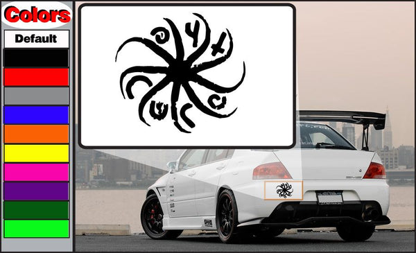the cure decal with black swirl symbol on white rectangular backing
