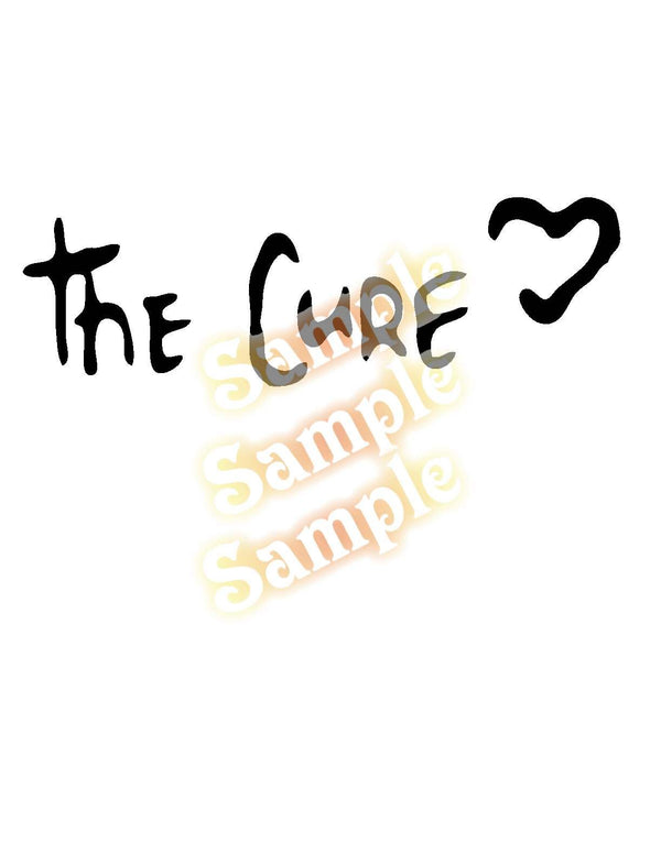 The Cure heart decal with black stylized lettering and heart symbol