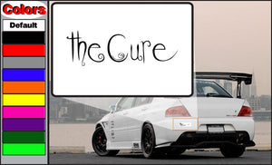 The Cure decal with stylized 'the Cure' text on white rectangular backing