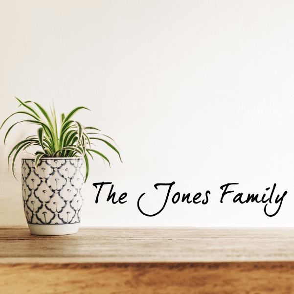 Family name wall decal: 'The Jones Family' in script