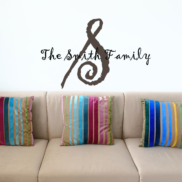Brown cursive family wall decal: 'The Smith Family' with decorative musical icon.