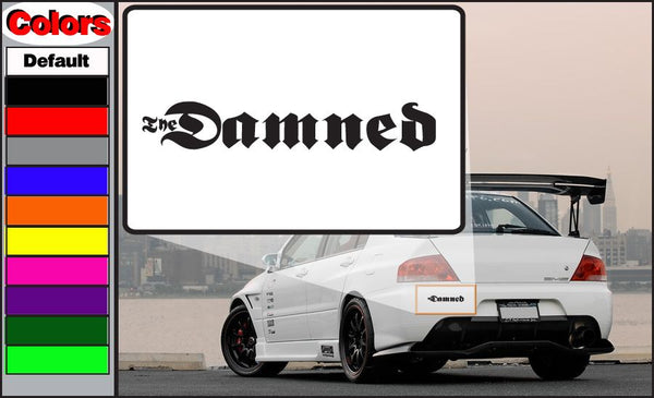 Damned decal with bold black lettering reading Damned
