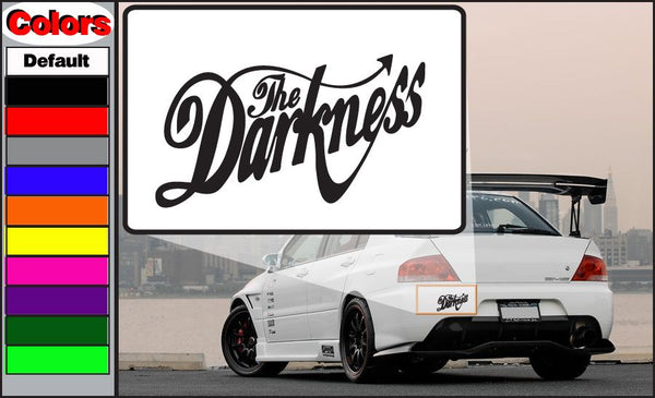 Black 'The Darkness' script decal on white rectangle backing