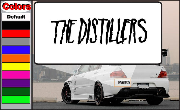 Car decal with black 'THE DISTILLERS' lettering on a white rectangle
