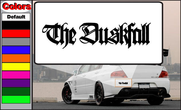 The Duskfall decal with bold black logo lettering on white background