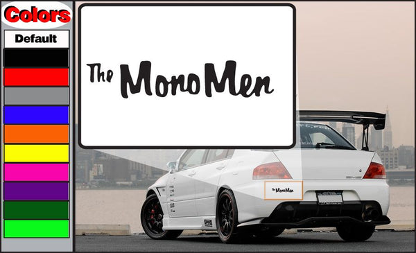 Car decal: 'The MonoMen' black text on white square